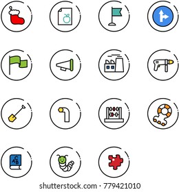 line vector icon set - christmas sock vector, diet list, flag, only forward right road sign, speaker horn, plant, drill machine, shovel, allen key, abacus, teethers, abc book, toy caterpillar