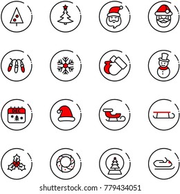line vector icon set - christmas tree vector, santa claus, garland, snowflake, gloves, snowman, calendar, hat, sleigh, holly, wreath, snowball, snowmobile