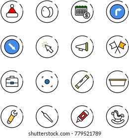 line vector icon set - christmas hat vector, eggs, calendar, only right road sign, detour, cursor, speaker horn, flags cross, case, record button, level, basin, wrench, forceps, marker