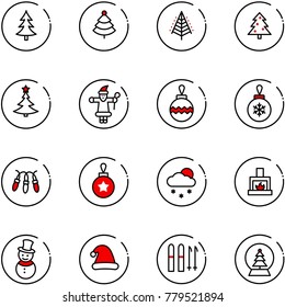 line vector icon set - christmas tree vector, santa claus, ball, garland, snowfall, fireplace, snowman, hat, ski, snowball