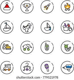 line vector icon set - christmas hat vector, gold cup, rocket, fire, sailboat toy, dinosaur, shovel bucket, excavator, elephant wheel, phone, caterpillar, train, baby carousel, beanbag, water gun