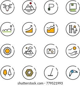 line vector icon set - christmas deer vector, mountains, ruble, book, growth, rise, opportunity, sun, photo, waves, forest, nut, rake, boomerang