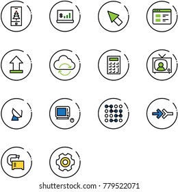 line vector icon set - christmas mobile vector, account statistics, cursor, website, uplooad, refresh cloud, calculator, tv news, satellite antenna, monoblock pc, circuit, connect, machine tool