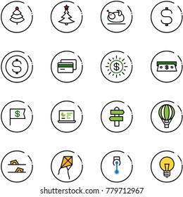 line vector icon set - christmas tree vector, turkey, dollar sign, coin, credit card, sun, cash, flag, statistics monitor, signpost, air balloon, flip flops, kite, laser, bulb