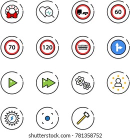 line vector icon set - christmas wreath vector, heart diagnosis, no trailer road sign, speed limit 60, 70, 120, customs, only forward right, play, fast, gears, star man, sun power, record button