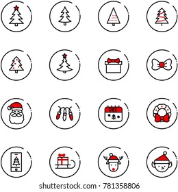 line vector icon set - christmas tree vector, gift, bow, santa claus, garland, calendar, wreath, mobile, sleigh, deer hat, elf