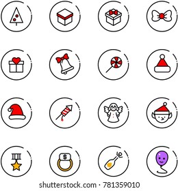 line vector icon set - christmas tree vector, gift, bow, bell, lollipop, hat, firework rocket, angel, elf, star medal, finger ring, fizz opening, balloon smile