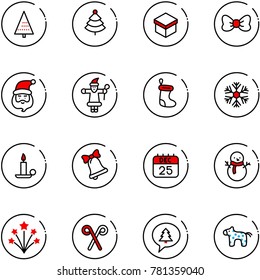 line vector icon set - christmas tree vector, gift, bow, santa claus, sock, snowflake, candle, bell, 25 dec calendar, snowman, firework, stick, merry message, toy horse