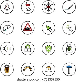 line vector icon set - christmas tree vector, sock, snowflake, scalpel, liver, steep descent road sign, cursor, volume off, locked, shield cross, money bag, pineapple, rainbow, bungalow, hammer