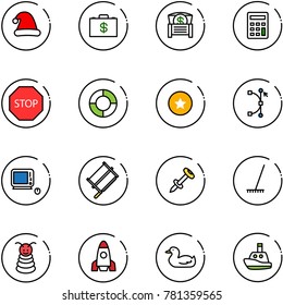 line vector icon set - christmas hat vector, money case, chest, calculator, stop road sign, lifebuoy, star medal, bezier, monoblock pc, bucksaw, nail dowel, rake, pyramid toy, rocket, duck, boat