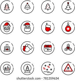 line vector icon set - christmas tree vector, santa claus, glove, ball, fireplace, gloves, calendar, holly, snowball house, sale, slippery road sign
