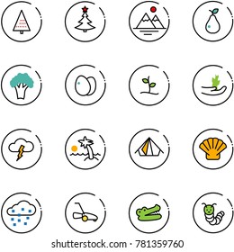 line vector icon set - christmas tree vector, mountains, pear, broccoli, eggs, sproute, hand, storm, palm, tent, shell, snow, lawn mower, crocodile, toy caterpillar