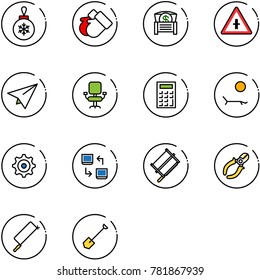 line vector icon set - christmas ball vector, gloves, money chest, intersection road sign, paper plane, office chair, calculator, lounger, gear, data exchange, bucksaw, side cutters, metal hacksaw