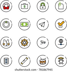 line vector icon set - christmas wreath vector, money case, locked, attachment, standby, paper fly, check, life vest, hand wheel, surveillance camera, globe, chip, level, drum, doll