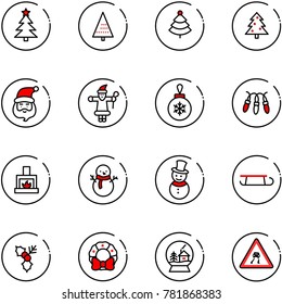 line vector icon set - christmas tree vector, santa claus, ball, garland, fireplace, snowman, sleigh, holly, wreath, snowball house, slippery road sign