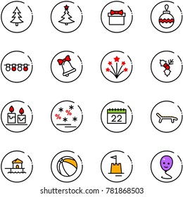 line vector icon set - christmas tree vector, gift, ball, garland, bell, firework, holly, candle, sale, calendar, lounger, bungalow, sand castle, balloon smile