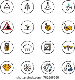 line vector icon set - christmas tree vector, banana, landslide road sign, sproute, moon flag, coconut cocktail, pineapple, rain cloud, photo, dragonfly, shell, flower, sun power, recycling