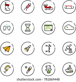 line vector icon set - christmas sock vector, firework rocket, sleigh, lungs, sand clock, schedule, cloud, paper fly, bezier, satellite, clamp, baseball bat, bear toy, boat
