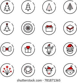 line vector icon set - christmas tree vector, firework, gift, bow, santa claus, wreath, deer hat, elf