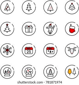 line vector icon set - christmas tree vector, gift, santa claus, glove, snowflake, 25 dec calendar, deer, snowball house, forest