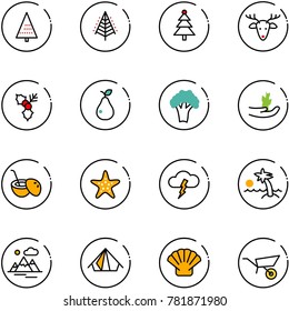 line vector icon set - christmas tree vector, deer, holly, pear, broccoli, hand sproute, coconut cocktail, starfish, storm, palm, mountains, tent, shell, wheelbarrow