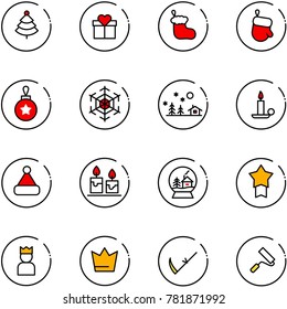 line vector icon set - christmas tree vector, gift, sock, glove, ball, snowflake, landscape, candle, hat, snowball house, star medal, king, crown, scythe, paint roller