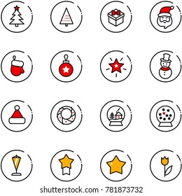 line vector icon set - christmas tree vector, gift, santa claus, glove, ball, star, snowman, hat, wreath, snowball house, pennant, medal, tulip