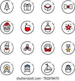 line vector icon set - christmas tree vector, gift, bow, santa claus, glove, ball, star, snowman, holly, wreath, medal, chevron, sailboat toy, russian doll