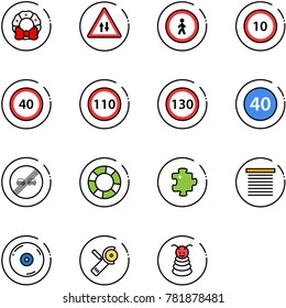 line vector icon set - christmas wreath vector, oncoming traffic road sign, no pedestrian, speed limit 10, 40, 110, 130, minimal, end overtake, lifebuoy, puzzle, jalousie, cd, Angular grinder