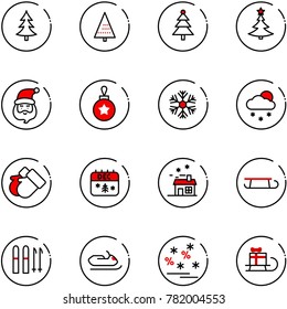 line vector icon set - christmas tree vector, santa claus, ball, snowflake, snowfall, gloves, calendar, house, sleigh, ski, snowmobile, sale, gift