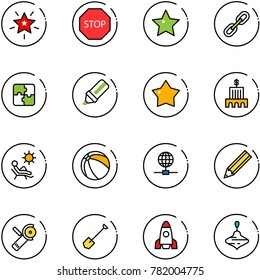 line vector icon set - christmas star vector, stop road sign, link, puzzle, highlight marker, medal, bank building, beach, ball, globe, pencil, Angular grinder, shovel, rocket, wirligig toy