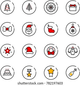 line vector icon set - christmas tree vector, firework, gift, bow, santa claus, sock, ball, star, hat, wreath, angel, cake, medal, fizz opening