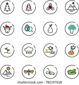 line vector icon set - christmas tree vector, holly, mountains, deer hat, blood test, pear, broccoli, sproute, rain cloud, palm, pyramid, dragonfly, lawn mower, crocodile