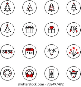 line vector icon set - christmas tree vector, gift, garland, calendar, deer, firework, wreath, mobile, hat