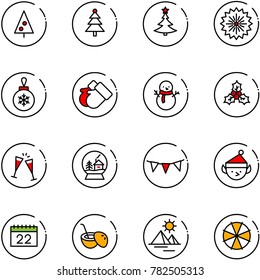 line vector icon set - christmas tree vector, firework, ball, gloves, snowman, holly, wine glasses, snowball house, flag garland, elf, calendar, coconut cocktail, pyramid, parasol