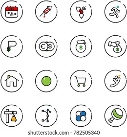 line vector icon set - christmas calendar vector, firework rocket, holly, run, ruble, euro dollar, money bag, encashment, home, record, cart, flying man, ship bell, bezier, atom core, beanbag