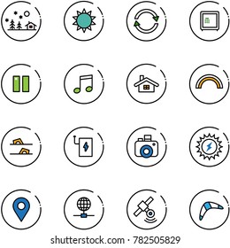 line vector icon set - christmas landscape vector, sun, exchange, safe, pause, music, home, rainbow, flip flops, power bank, camera, navigation pin, globe, satellite, boomerang