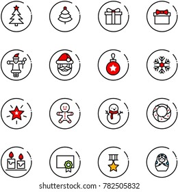 line vector icon set - christmas tree vector, gift, santa claus, ball, snowflake, star, cake man, snowman, wreath, candle, certificate, medal, russian doll