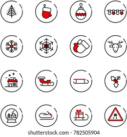 line vector icon set - christmas tree vector, glove, ball, garland, snowflake, gloves, deer, house, sleigh, holly, snowball, snowmobile, gift, slippery road sign