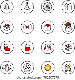 line vector icon set - christmas tree vector, firework, gift, bow, santa claus, sock, glove, garland, snowflake, angel, snowball, star medal