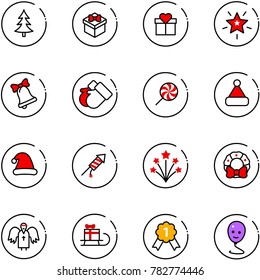 line vector icon set - christmas tree vector, gift, star, bell, gloves, lollipop, hat, firework rocket, wreath, angel, sleigh, gold medal, balloon smile