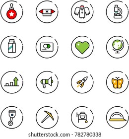 line vector icon set - christmas ball vector, candy, angel, lab, milk, credit card, heart, globe, growth arrow, megaphone, rocket, butterfly, piston, axe, cocncrete mixer, construction helmet