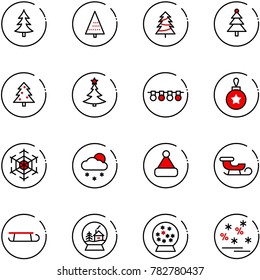 line vector icon set - christmas tree vector, garland, ball, snowflake, snowfall, hat, sleigh, snowball house, sale