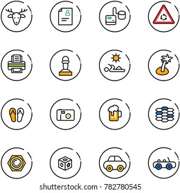 line vector icon set - christmas deer vector, patient card, tonometer, round motion road sign, printer, pawn, reading, palm, flip flops, photo, beer, carbon, nut, cube toy, car