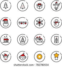 line vector icon set - christmas tree vector, gift, santa claus, garland, snowflake, snowman, house, snowball, sleigh, mobile, deer hat, elf, star medal