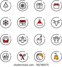 line vector icon set - christmas tree vector, firework, gift, snowflake, calendar, hat, deer, wreath, angel, champagne, snowball house, santa stick, ball, sand castle