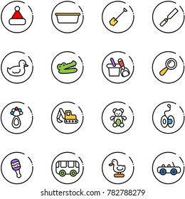 line vector icon set - christmas hat vector, basin, shovel, rasp, duck toy, crocodile, bucket, beanbag, excavator, bear, yoyo, bus, car