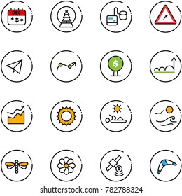 Line Vector Icon Set - Christmas Calendar Vector, Snowball Tree, Tonometer, Turn Right Road Sign, Paper Fly, Chart Point Arrow, Money, Growth, Sun, Reading, Waves, Dragonfly, Flower, Satellite