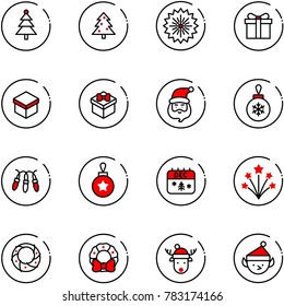 line vector icon set - christmas tree vector, firework, gift, santa claus, ball, garland, calendar, wreath, deer hat, elf