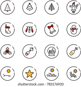 line vector icon set - christmas tree vector, santa claus, sock, garland, bell, snowman, holly, champagne, snowball house, fizz opening, lounger, starfish, reading, beach